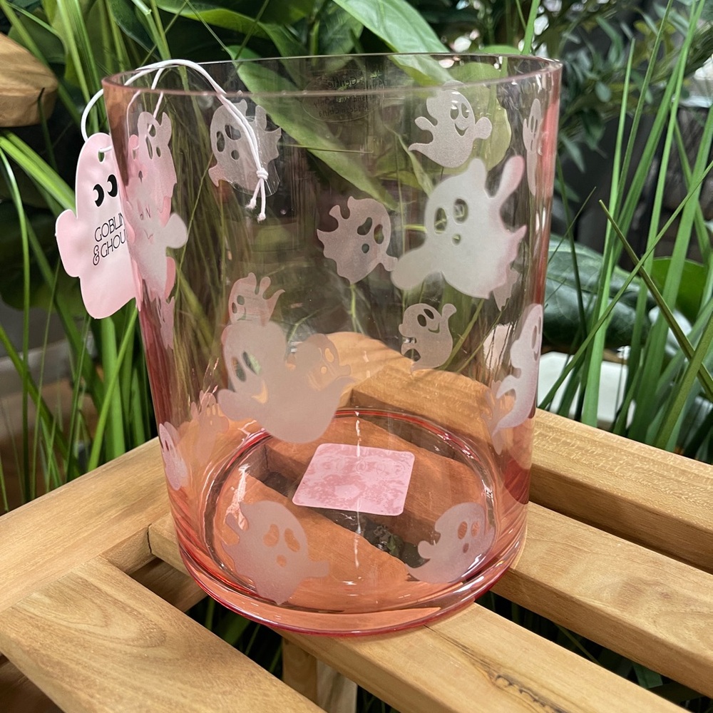 Pink Halloween Ghost Sandblasted Etched Glass Vase NWT HTF